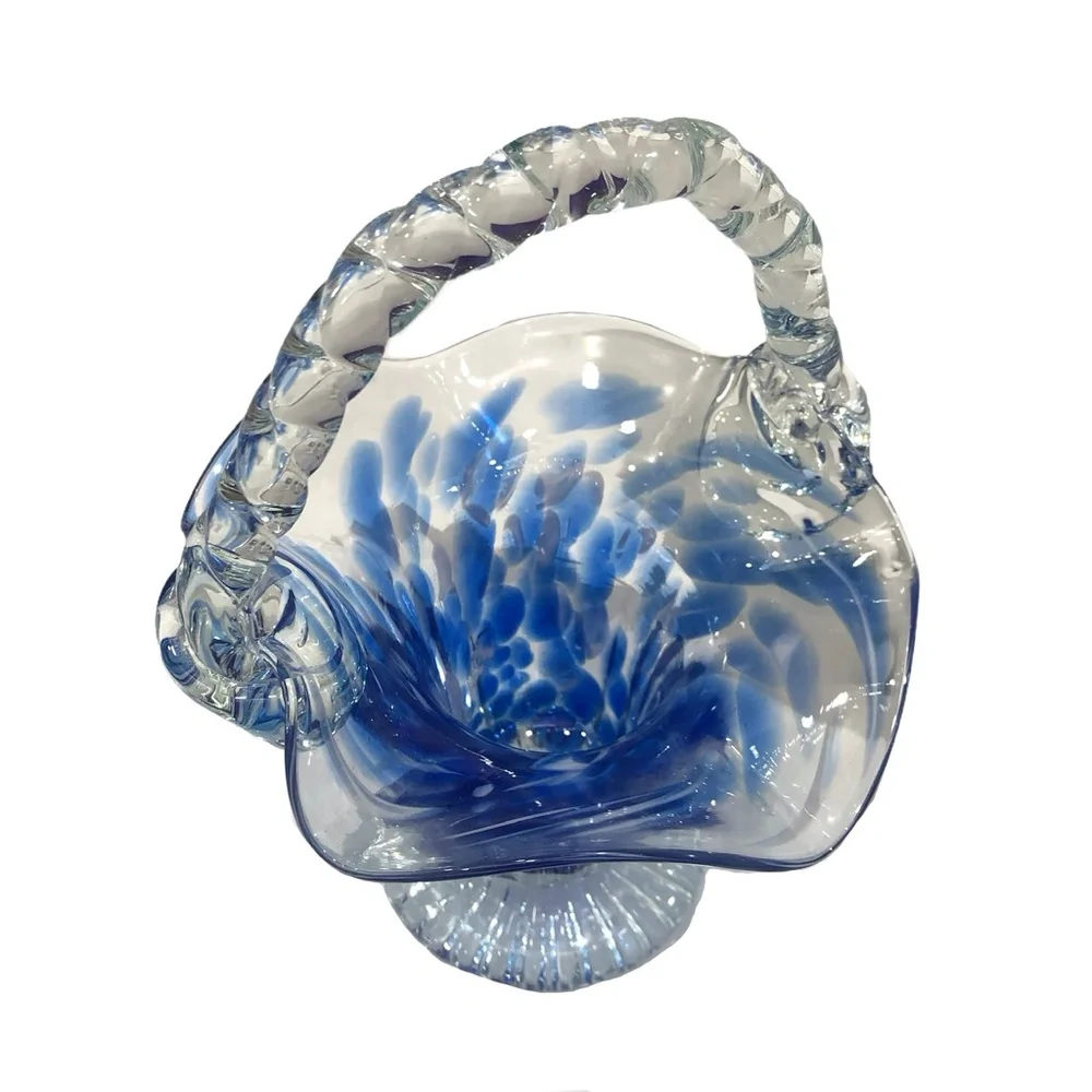 BLUE & CLEAR GLASS BASKET WITH RUFFLED WAVY EDGES
